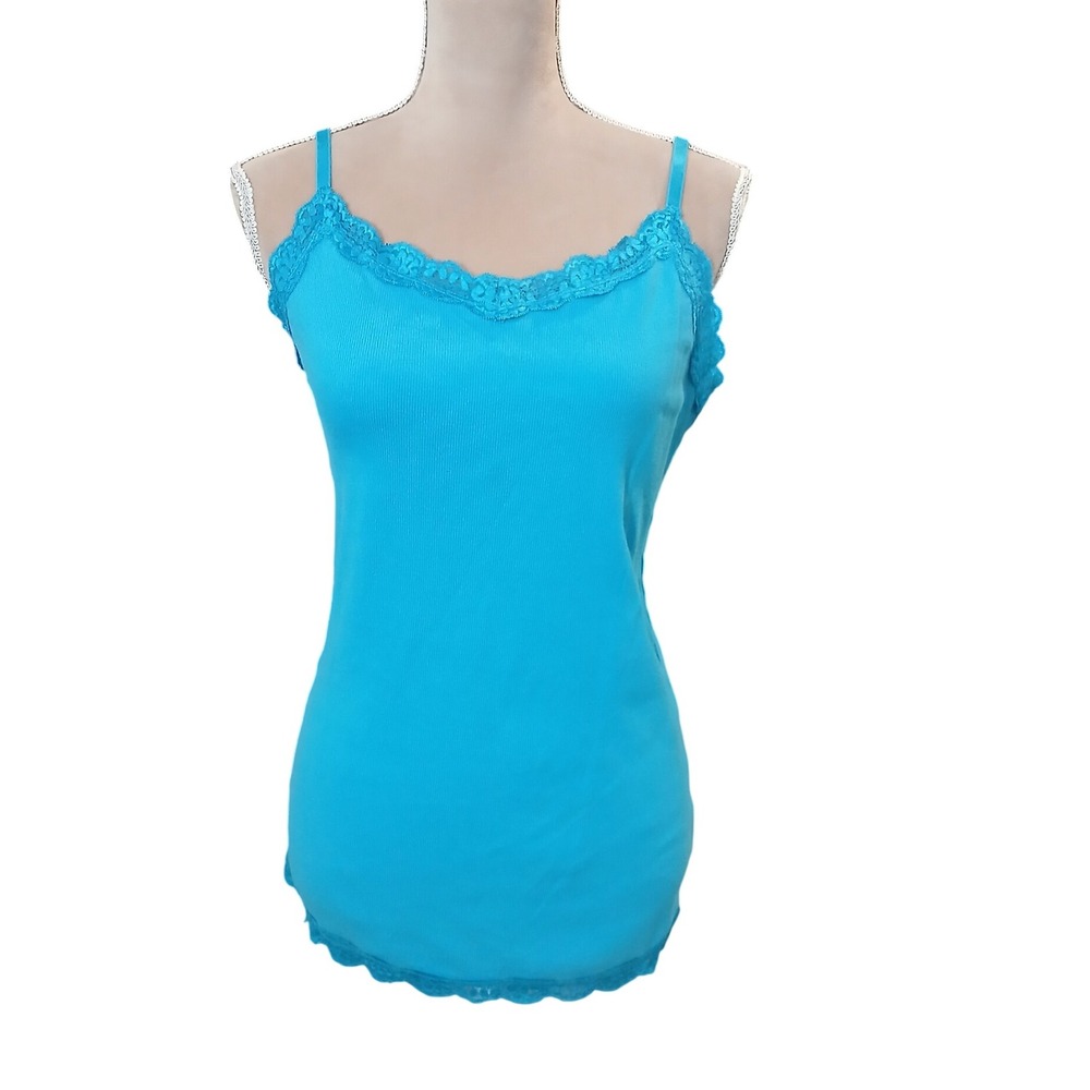 Vtg Y2k Faded Glory Teal Blue Lace Trim Ribbed Cami Tank Top Women's Size Large